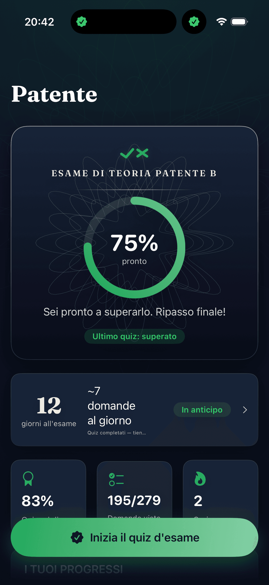 Schermata principale di Quiz Patente B